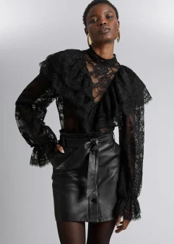 Fashion Laeder Paperbag Nederdel Med Baelte Kvinder Nederdele