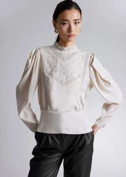 Online Broderet Bluse Med Puf-Aermer Kvinder Bluser Og Skjorter