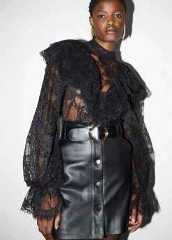 Fashion Laeder Paperbag Nederdel Med Baelte Kvinder Nederdele