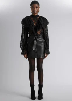 Fashion Laeder Paperbag Nederdel Med Baelte Kvinder Nederdele