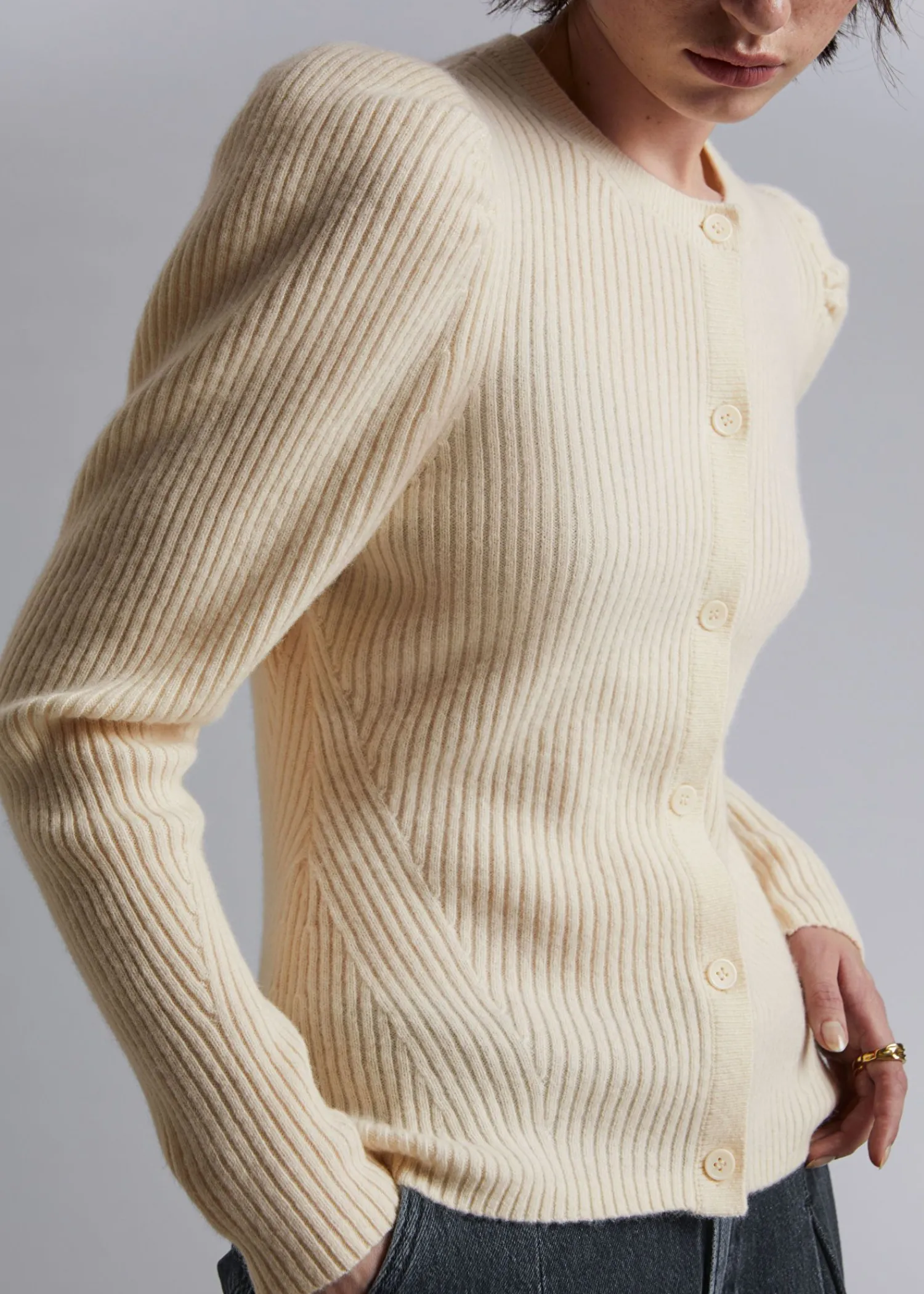 Online Merino Puffaermet Cardigan Kvinder Strik