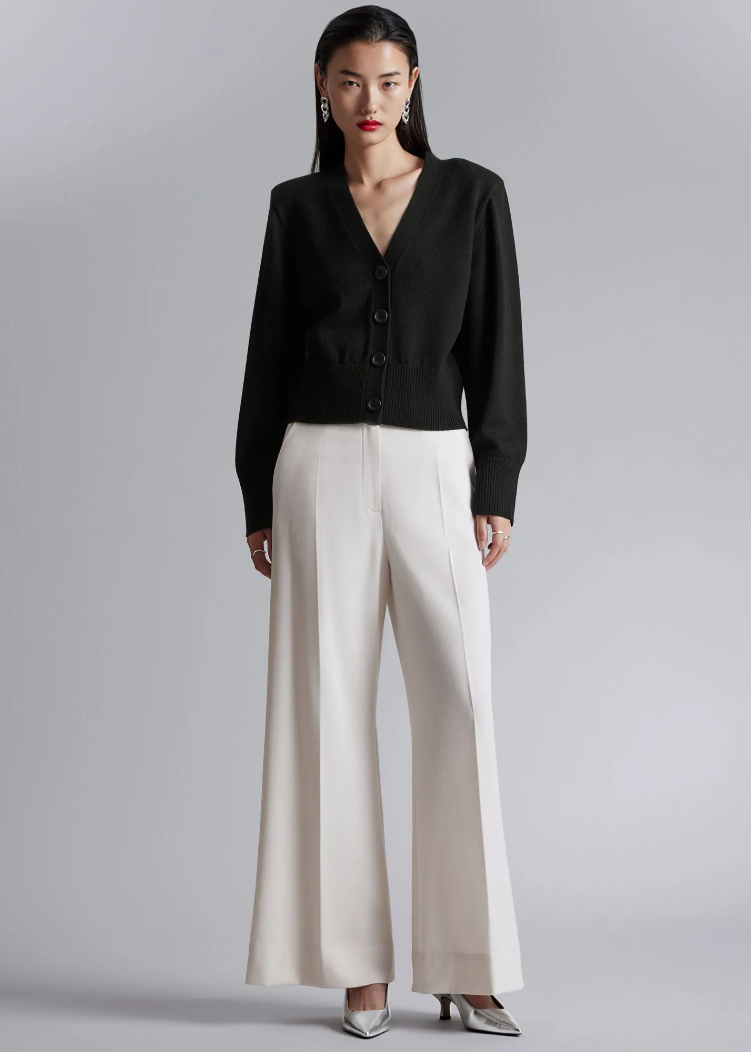 Clearance Merino-Cardigan Med Polstret Skulder Kvinder Strik