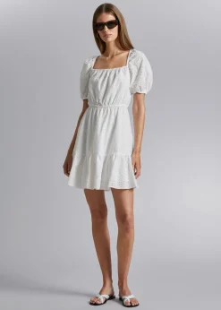 Cheap Voluminos Broderie Anglaise Mini Kjole Kvinder Kjoler